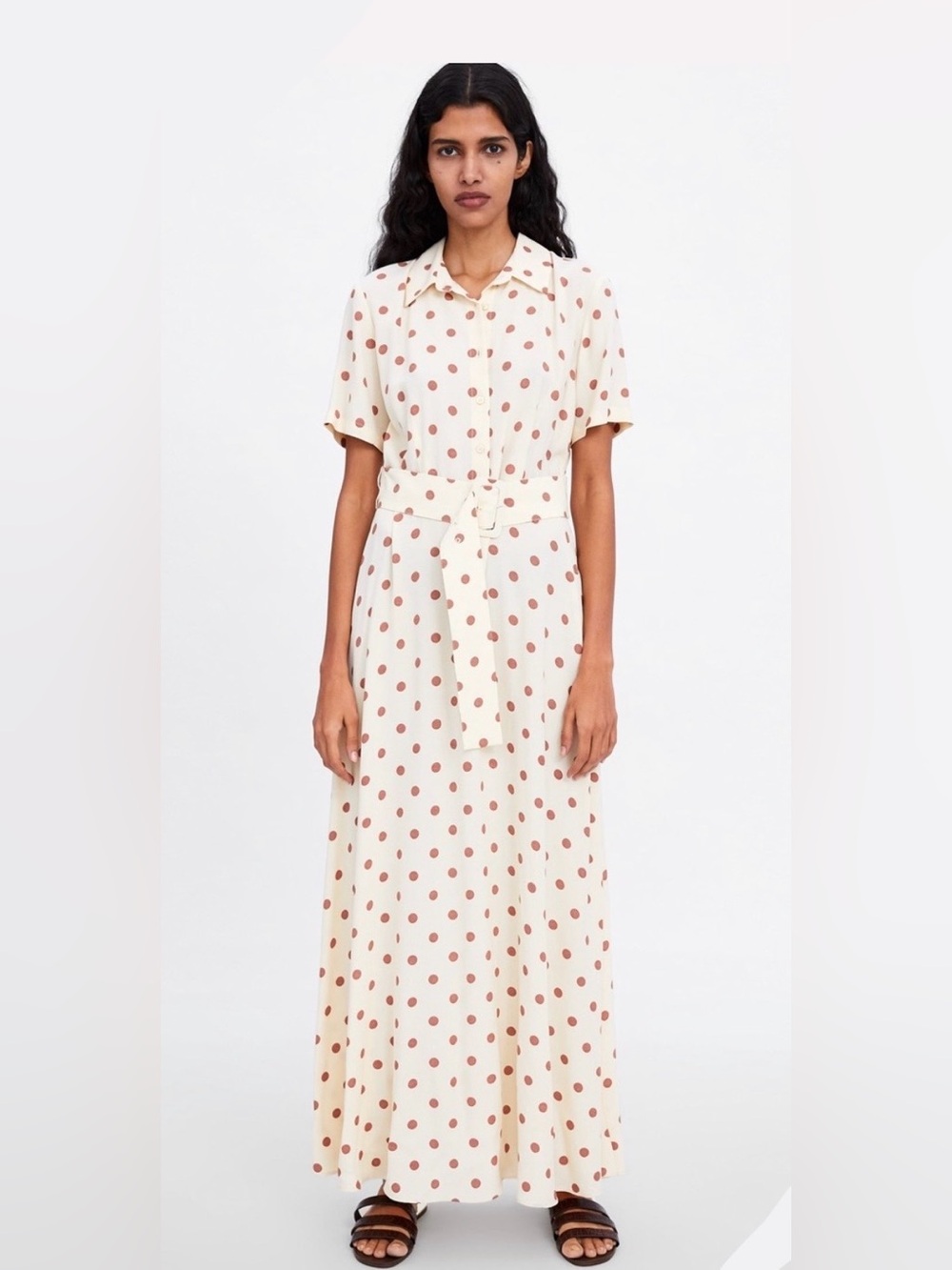 Zara Cream Maxi Shirt Dress with Rust Polka Dots